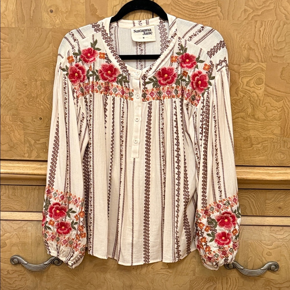 Savanna Jane Floral Embroidered Blouse - Cream and Red